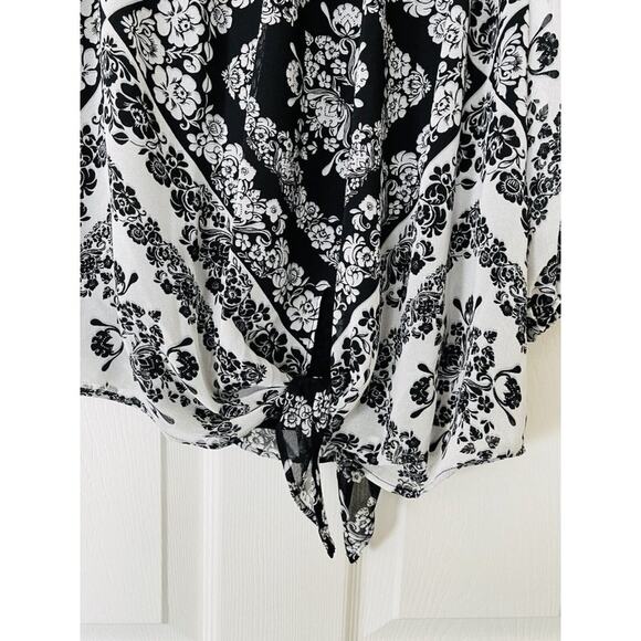 NWT Calvin Klein Scarf Print Chiffon Scoop Neck Bubble Sleeve Tie Front Blouse - Picture 3 of 5